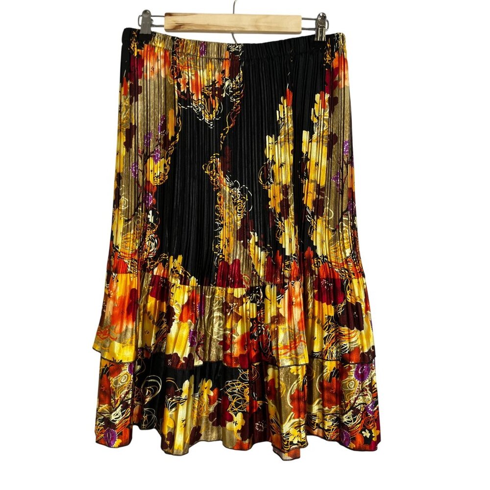Colorful Floral Pleated Maxi Skirt Black L Tropical Shimmer Boho Indie Folk Chic